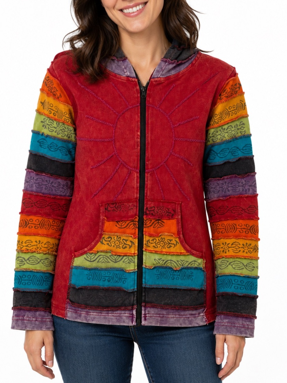 Greater Good Network Rainbow Jacket Hooded Full Zip Boho Hippie L/XL